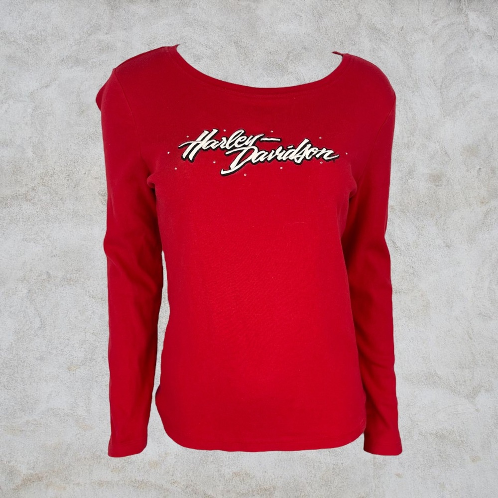 Y2K Harley Davidson Red Rhinestone Long Sleeve Shirt Large
